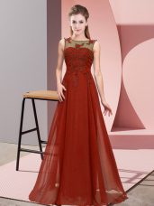 Great Sleeveless Floor Length Beading and Appliques Zipper Bridesmaids Dress with Rust Red