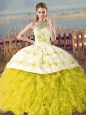 Court Train Ball Gowns Vestidos de Quinceanera Yellow Green and Yellow Halter Top Organza Sleeveless Lace Up