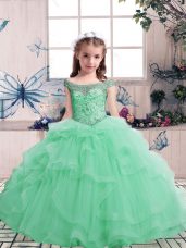 Apple Green Tulle Lace Up Scoop Sleeveless Floor Length Child Pageant Dress Beading