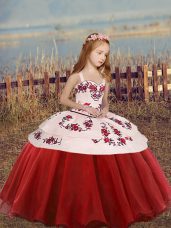 Red Straps Neckline Embroidery Child Pageant Dress Sleeveless Lace Up