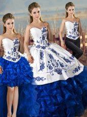 Fitting Organza Sweetheart Sleeveless Lace Up Embroidery and Ruffles Quinceanera Dresses in Blue And White