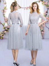 Grey Wedding Guest Dresses Wedding Party with Lace and Belt High-neck Half Sleeves Zipper