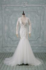White Bridal Gown Wedding Party with Lace V-neck Long Sleeves Brush Train Backless