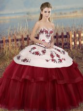 Graceful White And Red Ball Gowns Tulle Sweetheart Sleeveless Embroidery and Bowknot Floor Length Lace Up 15th Birthday Dress
