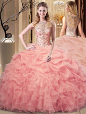 Beautiful Peach Ball Gowns Scoop Sleeveless Organza Floor Length Zipper Beading and Ruffles Quinceanera Gown