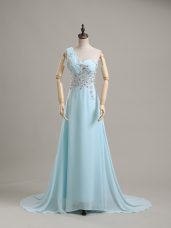 Super Sleeveless Chiffon Brush Train Side Zipper Dress for Prom in Baby Blue with Beading
