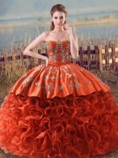 Orange Red Lace Up Quinceanera Dress Embroidery and Ruffles Sleeveless Floor Length Brush Train