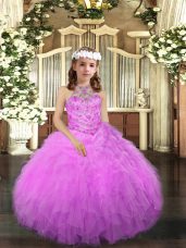 Luxurious Lilac Tulle Lace Up Halter Top Sleeveless Floor Length Little Girl Pageant Dress Beading and Ruffles
