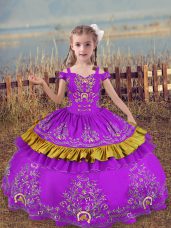 Sleeveless Floor Length Beading and Embroidery Lace Up Juniors Party Dress with Purple