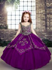 Great Eggplant Purple and Purple Lace Up Kids Pageant Dress Embroidery Sleeveless Floor Length