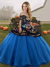Most Popular Floor Length Lace Up Quinceanera Gowns Blue And Black for Military Ball and Sweet 16 and Quinceanera with Embroidery