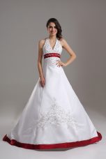 Pretty Halter Top Sleeveless Wedding Dress Brush Train Beading and Embroidery White Satin