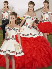 Floor Length Lace Up Quinceanera Dress White And Red for Military Ball and Sweet 16 and Quinceanera with Embroidery and Ruffles