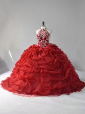 Lace Up Sweet 16 Dresses Wine Red for Sweet 16 and Quinceanera with Beading and Pick Ups Court Train