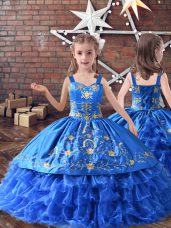Royal Blue Lace Up Straps Embroidery and Ruffled Layers Child Pageant Dress Satin and Organza Sleeveless
