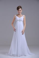 White Chiffon Lace Up Straps Sleeveless Wedding Dress Brush Train Beading