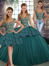 Exceptional Green Sleeveless Tulle Lace Up 15 Quinceanera Dress for Military Ball and Sweet 16 and Quinceanera