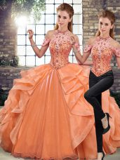 Floor Length Two Pieces Sleeveless Orange Quinceanera Gown Lace Up