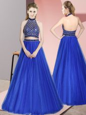 Fabulous Royal Blue Backless Dress for Prom Beading Sleeveless Floor Length