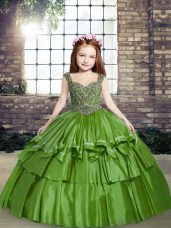 Green Sleeveless Floor Length Beading Lace Up Kids Formal Wear
