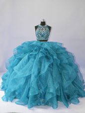 Suitable Teal Halter Top Neckline Beading and Ruffles Quinceanera Gowns Sleeveless Backless