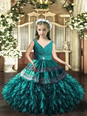Teal V-neck Backless Beading and Appliques and Ruffles Kids Pageant Dress Sleeveless