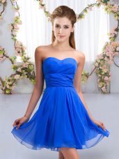 Elegant Royal Blue Sleeveless Mini Length Ruching Lace Up Dama Dress