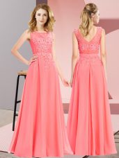 Watermelon Red Chiffon Zipper Scoop Sleeveless Floor Length Court Dresses for Sweet 16 Beading and Appliques