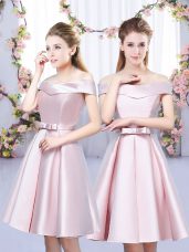 Super Satin Off The Shoulder Sleeveless Lace Up Bowknot Dama Dress for Quinceanera in Baby Pink
