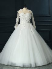 Scoop 3 4 Length Sleeve Bridal Gown Court Train Lace and Appliques White Tulle