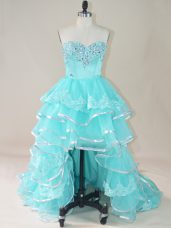 Smart Aqua Blue Sleeveless Beading and Lace and Ruffled Layers High Low Pageant Dress for Girls
