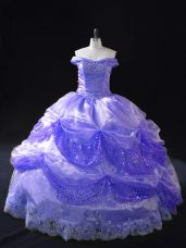 Fashion Off The Shoulder Sleeveless Ball Gown Prom Dress Floor Length Beading and Pick Ups Lavender Organza