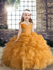Straps Sleeveless Pageant Dresses Floor Length Beading and Ruffles and Pick Ups Orange Organza
