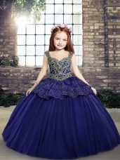 Straps Sleeveless Little Girls Pageant Dress Floor Length Beading and Appliques Purple Tulle
