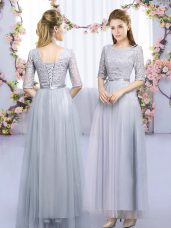 Grey Scoop Lace Up Lace and Belt Court Dresses for Sweet 16 Half Sleeves