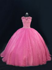 Glittering Sleeveless Tulle Floor Length Lace Up Quinceanera Gowns in Hot Pink with Beading and Lace and Sequins