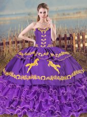Customized Purple Sweetheart Lace Up Embroidery and Ruffled Layers Sweet 16 Quinceanera Dress Sleeveless