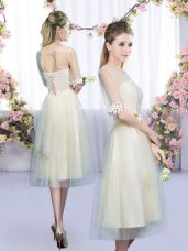 Perfect Champagne Empire Lace and Bowknot Court Dresses for Sweet 16 Lace Up Tulle Half Sleeves Tea Length
