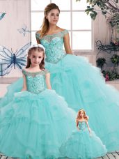 Traditional Aqua Blue Tulle Lace Up Off The Shoulder Sleeveless Floor Length Quinceanera Gowns Beading and Ruffles