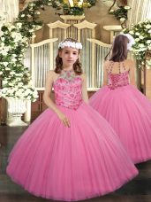 Rose Pink Little Girls Pageant Gowns Party and Sweet 16 and Wedding Party with Beading Halter Top Sleeveless Lace Up