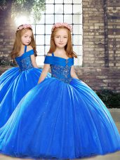 Sleeveless Brush Train Lace Up Pageant Gowns For Girls in Royal Blue with Beading
