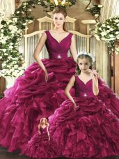 Lovely Burgundy Ball Gowns Organza V-neck Sleeveless Ruffles Floor Length Backless Quinceanera Dress