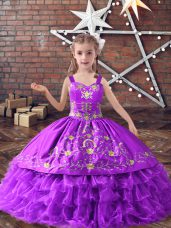 Embroidery and Ruffled Layers Little Girls Pageant Dress Lavender Lace Up Sleeveless Floor Length
