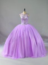 Simple Lavender Ball Gowns Beading Ball Gown Prom Dress Lace Up Tulle Sleeveless Floor Length