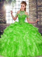 Floor Length Green Quinceanera Gowns Organza Sleeveless Beading and Ruffles