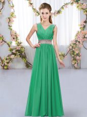 Top Selling Turquoise Empire Beading and Belt Bridesmaids Dress Lace Up Chiffon Sleeveless Floor Length