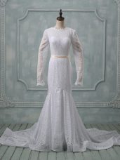 Customized White Scoop Backless Lace and Belt Wedding Gowns Court Train Long Sleeves
