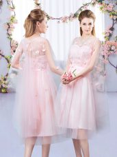 Exquisite Sleeveless Tea Length Appliques and Belt Lace Up Bridesmaid Dresses with Baby Pink