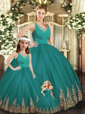Turquoise Ball Gowns V-neck Sleeveless Tulle Floor Length Backless Embroidery Vestidos de Quinceanera