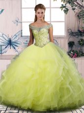 Fashion Off The Shoulder Sleeveless Ball Gown Prom Dress Floor Length Beading and Ruffles Yellow Green Tulle